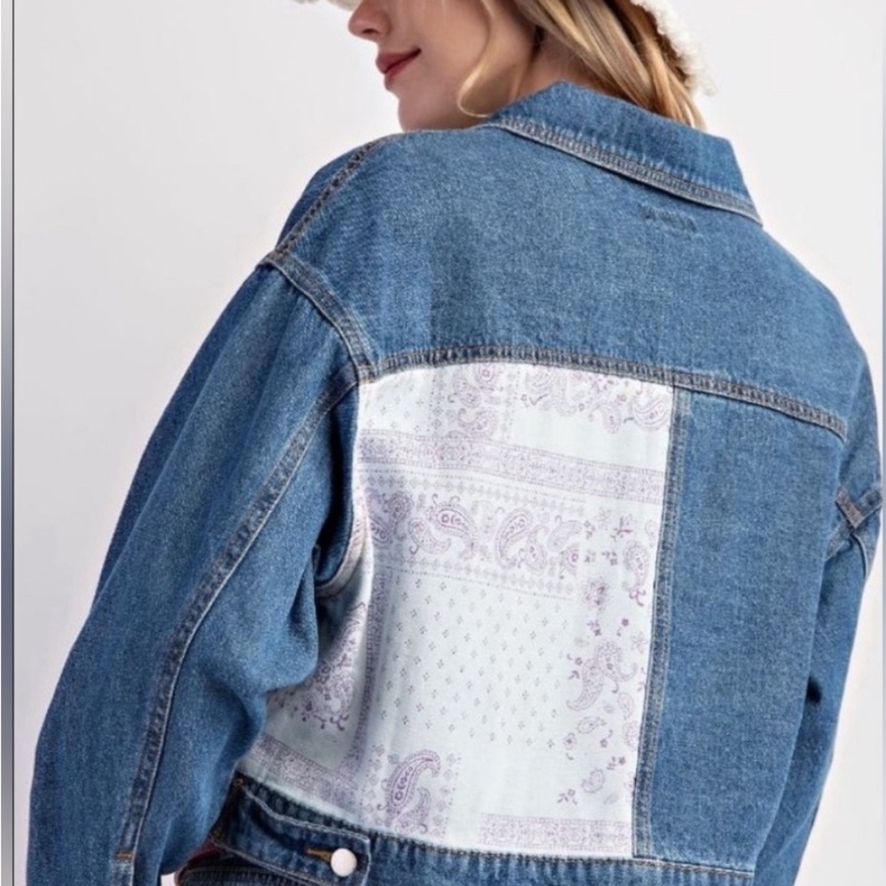 #193 Blue Jean Paisley print cropped mixed classic denim Jacket. - Picture 3 of 5